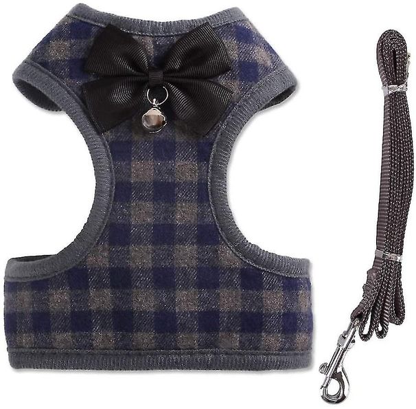 Hausdéiergeschirr + Hausdéierleesch - Klassescht Kariert Kazenleeschseel Welpengeschirr Set Fir Kleng Hënn Grouss Kazen (l, Blo Kariert)_voghion.com