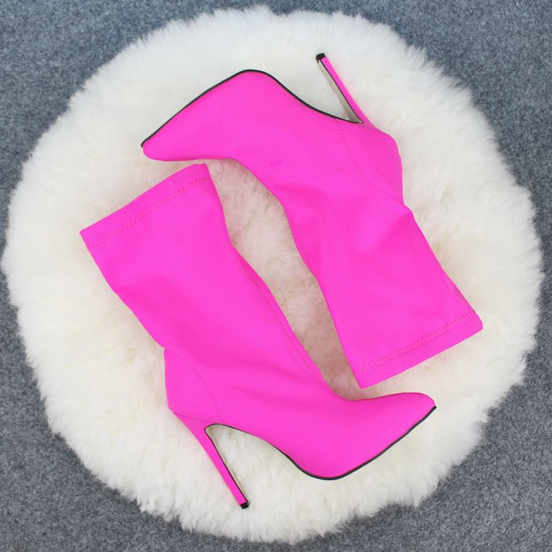 DEleventh European And American Cross Border Women's Shoes Mid Calf Boots Stretch Fabric Pointed Toe Stiletto High Heels Large Size Women's Boots_voghion.com