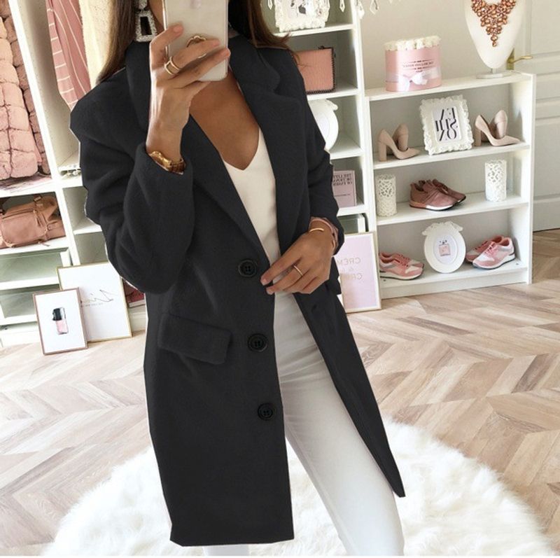 Women's Clothing hot style autumn and winter solid color suit collar mid length double breasted woolen coat for women_voghion.com