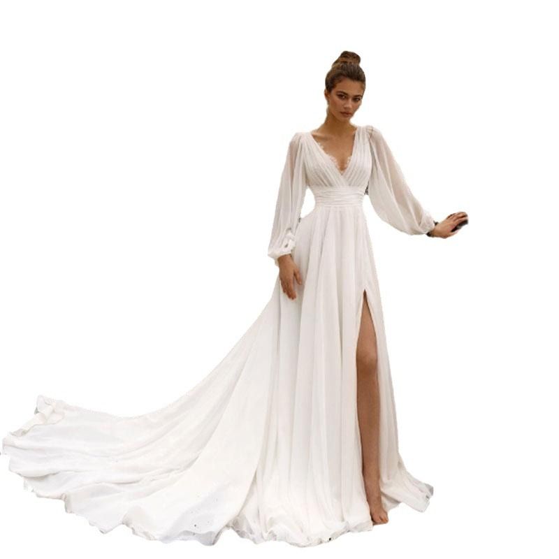 Elegant V-Neck Long Sleeve Chiffon Wedding Dress With Small Train – Boho Beach Bridal Gown For Photoshoot, Flattering High Waist(US2-26W, Ivory/White)_voghion.com