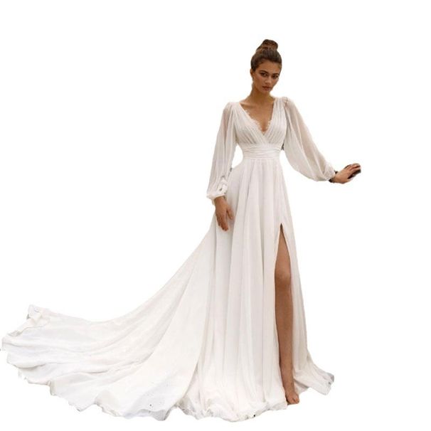 Elegant V-Neck Long Sleeve Chiffon Wedding Dress With Small Train – Boho Beach Bridal Gown For Photoshoot, Flattering High Waist(US2-26W, Ivory/White)_voghion.com
