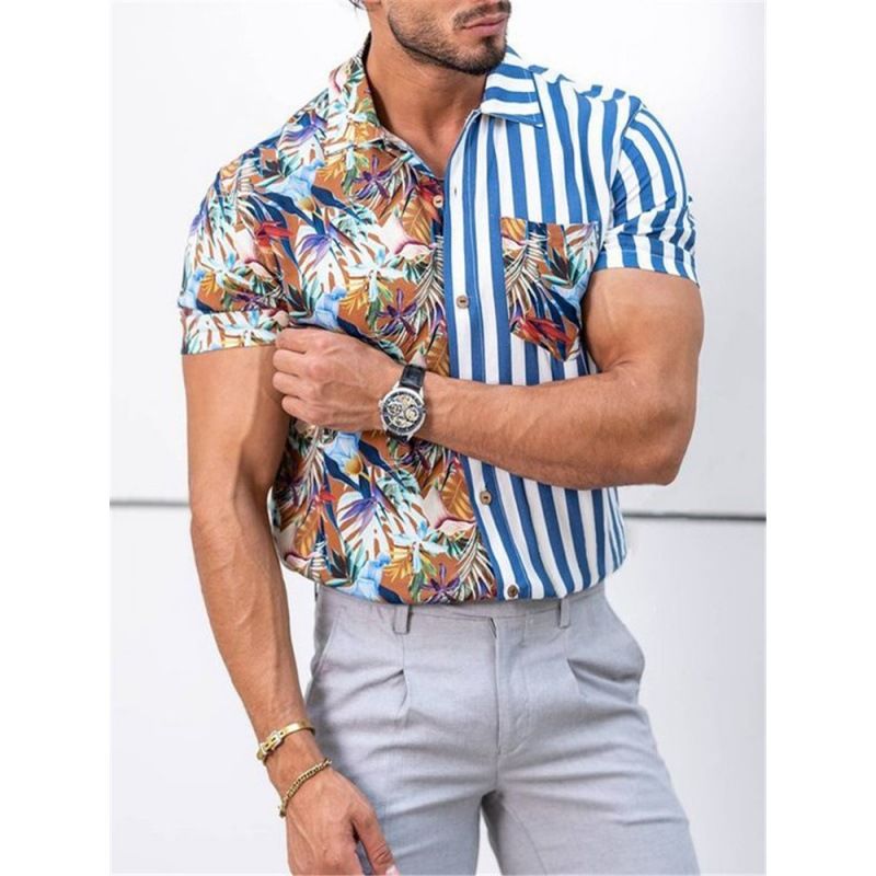 Chemise à manches courtes pour hommes, vêtements d'été, plage, rayé, patchwork, imprimé, décontracté_voghion.com