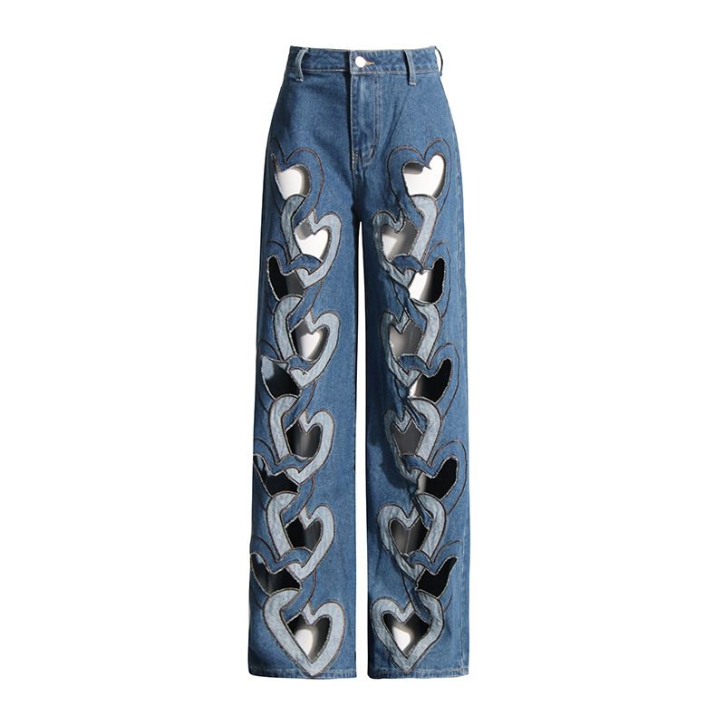 Women's Clothing Fashionable Design Straight Pants Summer New High Waist Printed Love Hollow Wide Leg Jeans_voghion.com