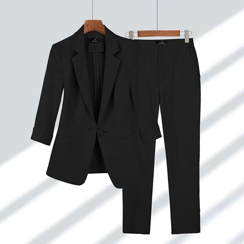 Veste de costume élégante pour femmes, ensemble assorti, blazer Chic coréen, manteau et pantalon, 2 pièces, nouvelle collection printemps été 2023_voghion.com