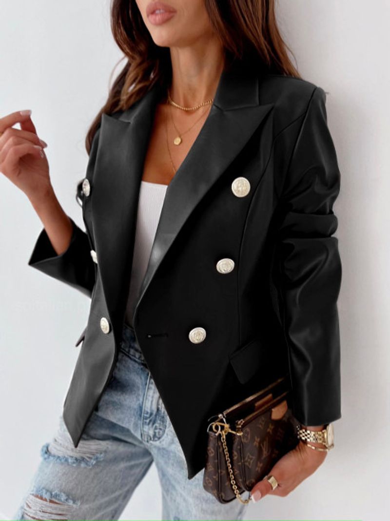 【High-quality】Autumn and Winter New Long Sleeve Double breasted Fashion PU Leather Suit Small Coat Women's Suit_voghion.com