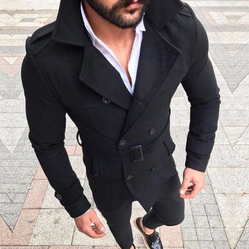 autumn men's woolen coat lapel double-breasted casual windbreaker woolen coat with belt_voghion.com