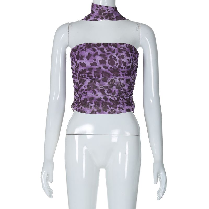 Feng 2024 suvine uus leopardimustriline vürtsikas tüdruk Pure Desire Wind One Line Collar Rinnahoidja Slim Fit Small Tank Top_voghion.com