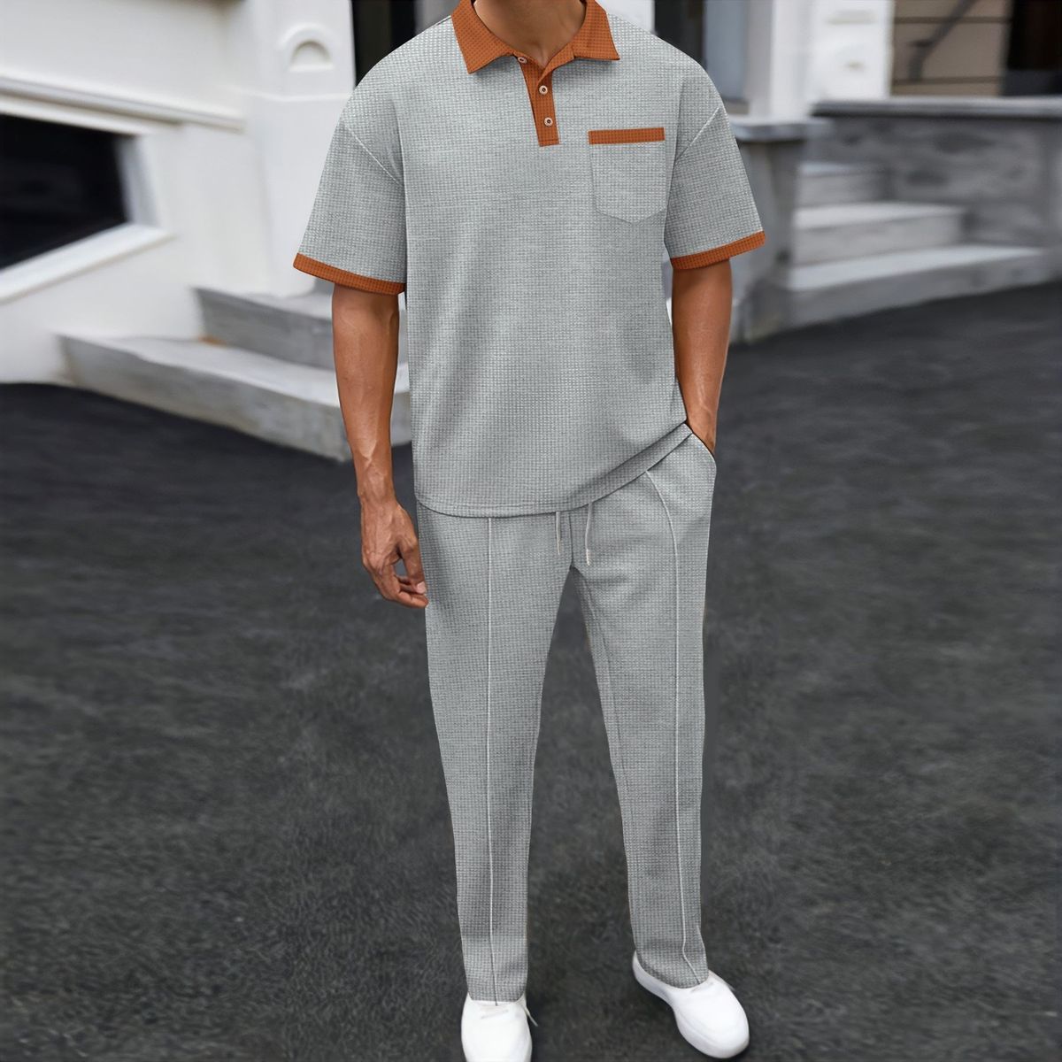 Ανδρικά Ρούχα, Κοντό Μανίκι, Παντελόνι, Δύο Τεμαχίων, Σέτ, με Πέτο και Βάφλα, Ασύμβατο Χρώμα_voghion.com