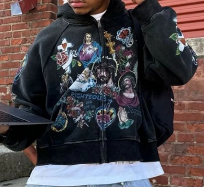 Kapuzenpullover mit Reißverschluss und Cartoon-Print – Übergroßer Pullover mit verspielter Grafik, lässiges Streetwear-Kapuzenpullover für Männer und Frauen_voghion.com