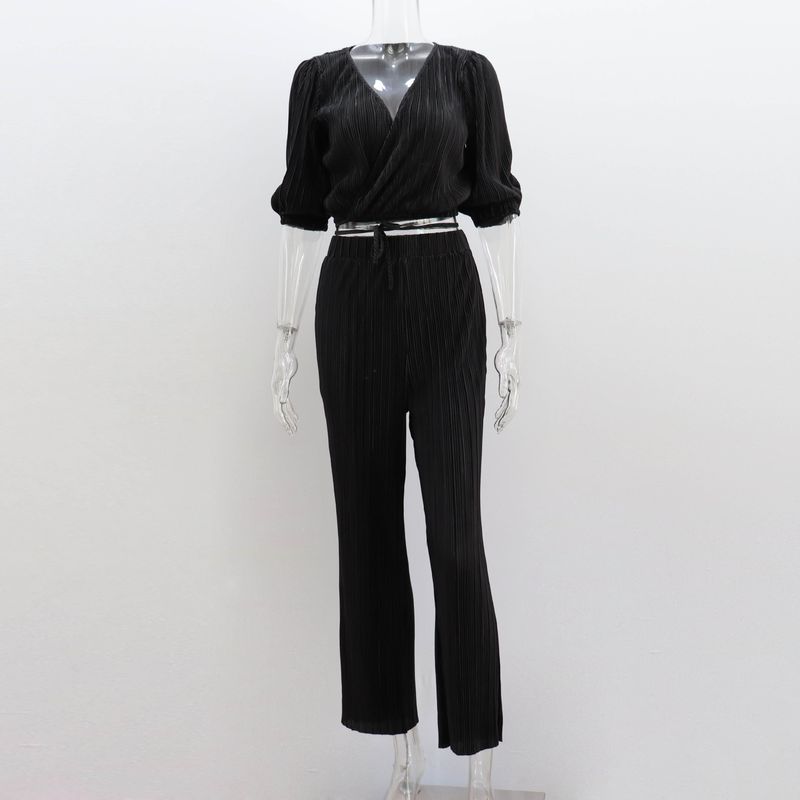 Costume pantalon droit décontracté pour femmes, nouveau Style, couleur unie plissée, manches courtes, cravate, col en v, haut pantalon, costume deux pièces_voghion.com
