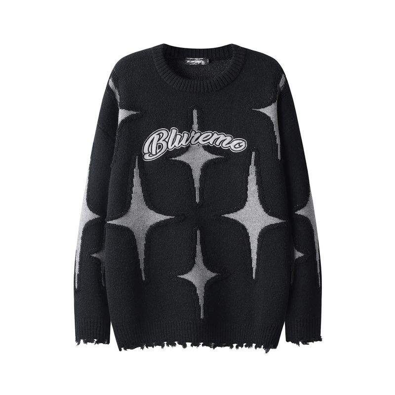 Unisex-Kleidung, atmungsaktiv, lässig, Maillard-Stern, vierzackiger Stern, Kontrastfarbe, Quaste, gebrochener Saum, Rundhalspullover, Paar-Strickpullover_voghion.com