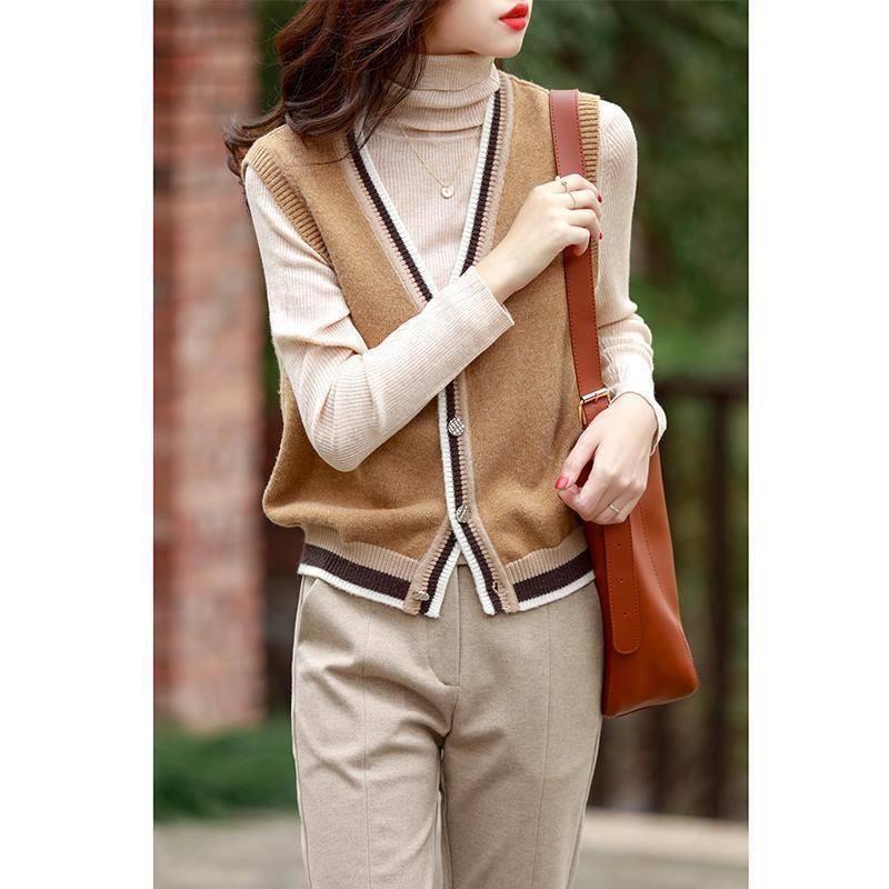 【 Kasjmierfamilie 】 Nieuwe V-hals gebreide mouwloze cardigan trui veelzijdige vest camback top voor dames lente_voghion.com