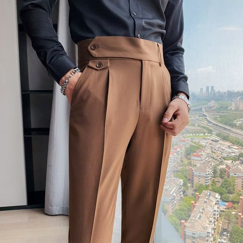Men's clothing [SHOPEE hot style] TH men's slim-fitting high-waisted business solid color casual Naples trousers_voghion.com