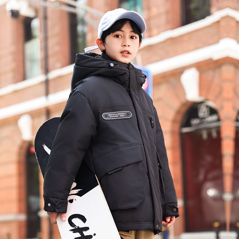 Mother & Kids Warm & Stylish Boys' Long Down Jacket With Hood - Soft Duck Feather Filling, High Waist Design, Winter Coat For Kids (Black, Beige)_voghion.com