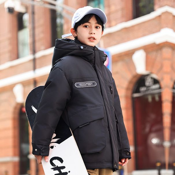 Mother & Kids Warm & Stylish Boys' Long Down Jacket With Hood - Soft Duck Feather Filling, High Waist Design, Winter Coat For Kids (Black, Beige)_voghion.com