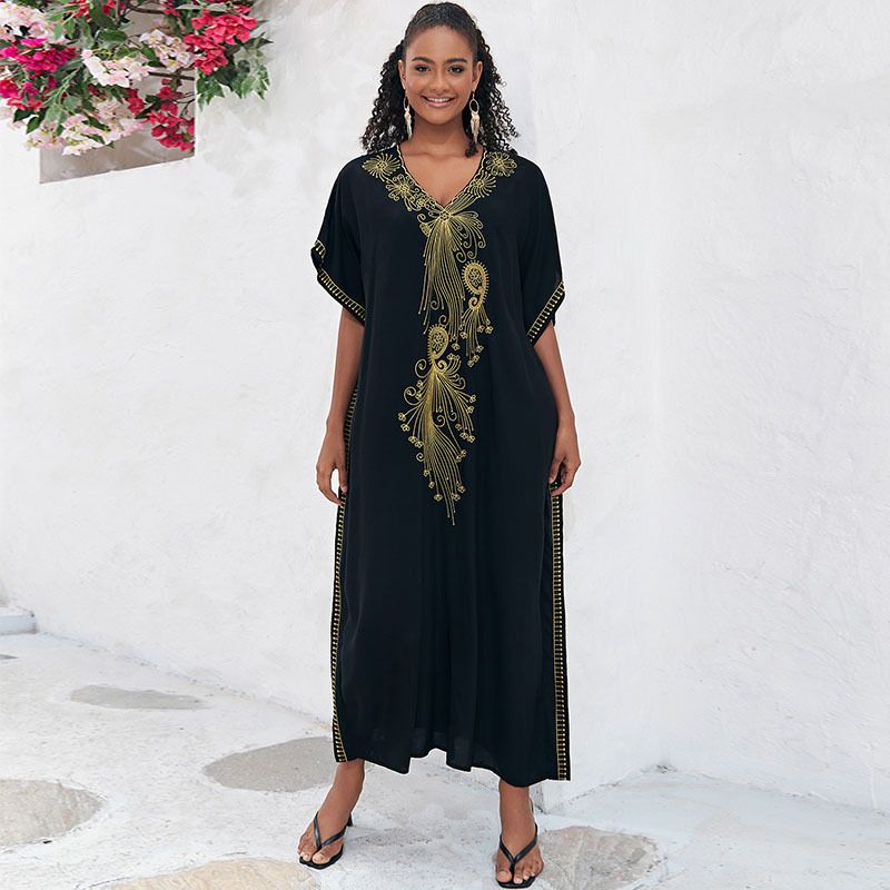 Bohemian Embroidered Cotton Maxi Dress – Oversized Beach Cover-Up, Flowy Tunic For Women, Plus Size Swim Wrap With Elegant Gold Embroidery_voghion.com