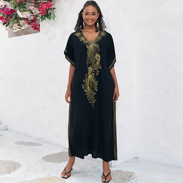 Bohemian Embroidered Cotton Maxi Dress – Oversized Beach Cover-Up, Flowy Tunic For Women, Plus Size Swim Wrap With Elegant Gold Embroidery_voghion.com