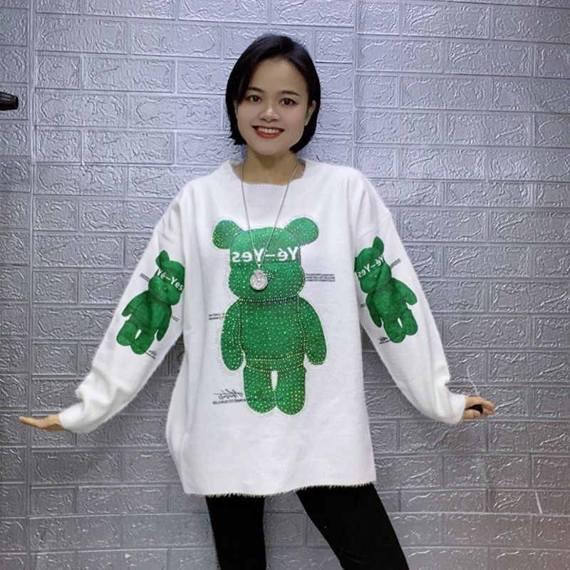 marque à la mode industrie lourde diamant chaud col rond à manches longues pull en velours de vison pour les femmes mi-longueur lâche grande taille pull_voghion.com