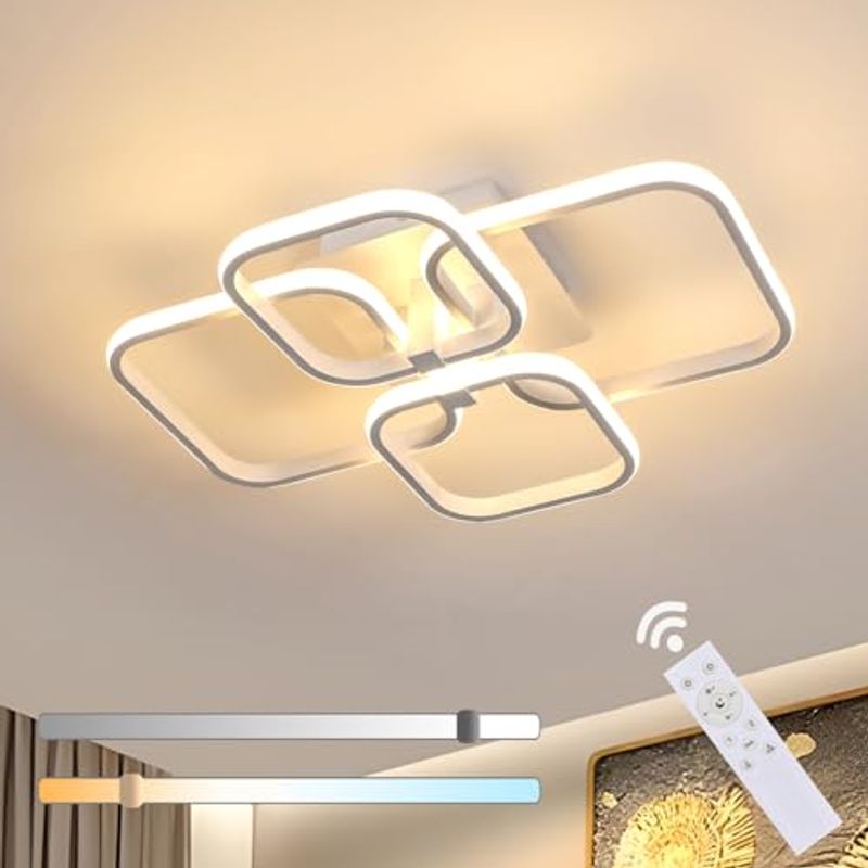 GOECO Quadratische Design-Deckenleuchte mit 4 Köpfen, Aluminium, Weiß, 47W, Größe 58x46 cm, mit Helligkeitsregulierung und Fernbedienung, 220V_voghion.com