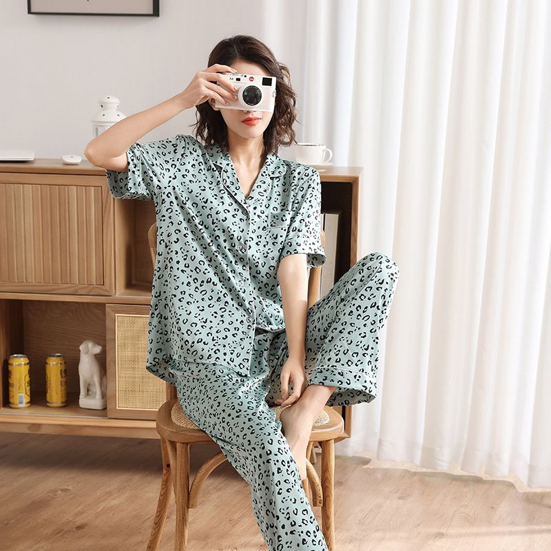 Leopard Print Satin Chiffon Pajamas Women's Short-sleeved Trousers Silk Print Loungewear Outer Wear_voghion.com