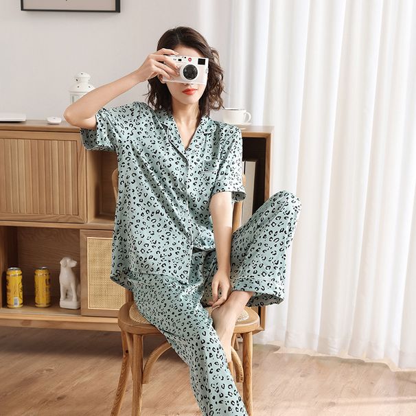 Leopard Print Satin Chiffon Pajamas Women's Short-sleeved Trousers Silk Print Loungewear Outer Wear_voghion.com