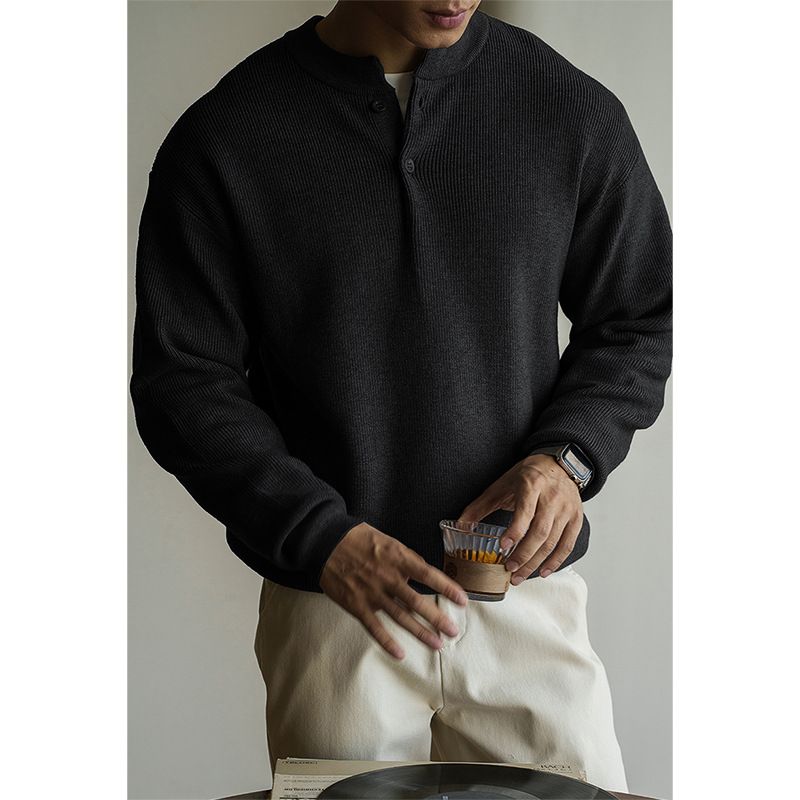 Pull col Henry en tricot pour homme (esthétique vintage, coupe ajustée, col ras du cou à manches longues, style décontracté minimaliste, gris/crème/noir, M-3XL)_voghion.com