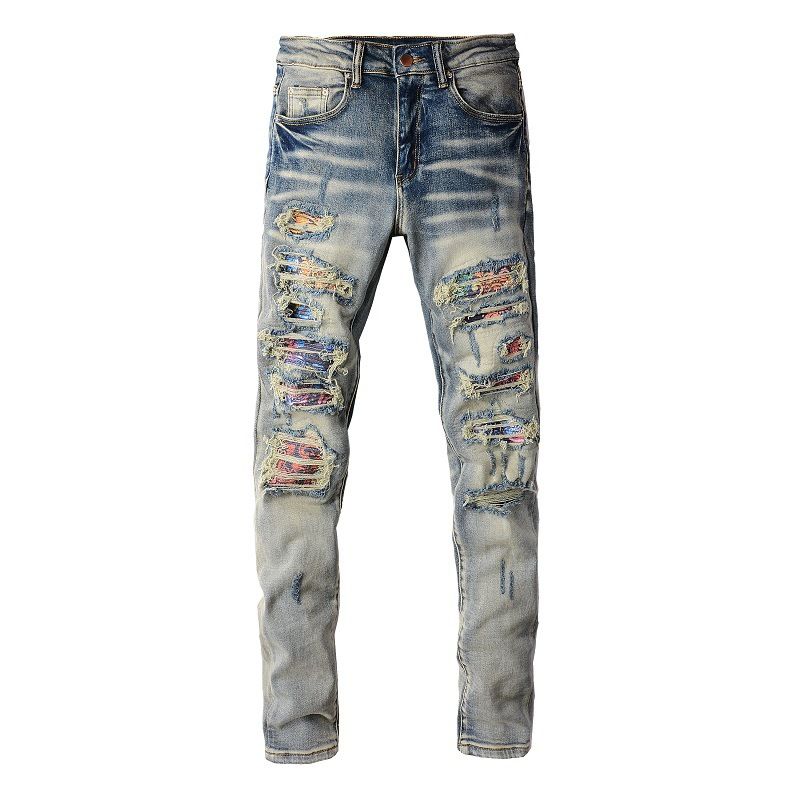 Vêtements pour hommes européens et américains, beaux jeans slim extensibles pour hommes, trous de grande rue, pantalons pour hommes pouvant envoyer des pieds 876_voghion.com