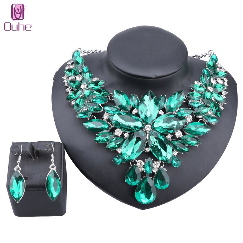 Women Bridal Crystal Flower Jewelry Wedding Necklace Earrings Brides Party Costume Jewellery Sets_voghion.com