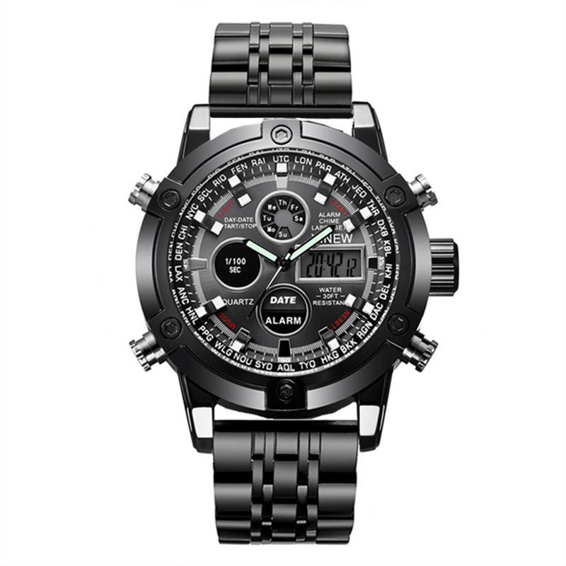 Men's Sporty Digital Analog Watch With LED Display, Alloy Strap, Multiple Functions (Calendar, Alarm, GMT, Week Display)_voghion.com