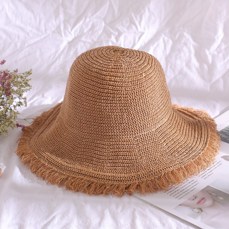 Pdmcms Women's Korean Version of Large Brimmed Fur Edge Breathable Straw Hat Summer Sun Shading and Sun Protection Fisherman Hat Beach Hat_voghion.com