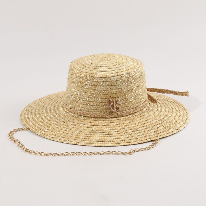 Nye ankomster europeisk og amerikansk RB bokstav gullkjede design strå lotteri vevd strandsolhatt, kvinnelig sommerhatt_voghion.com