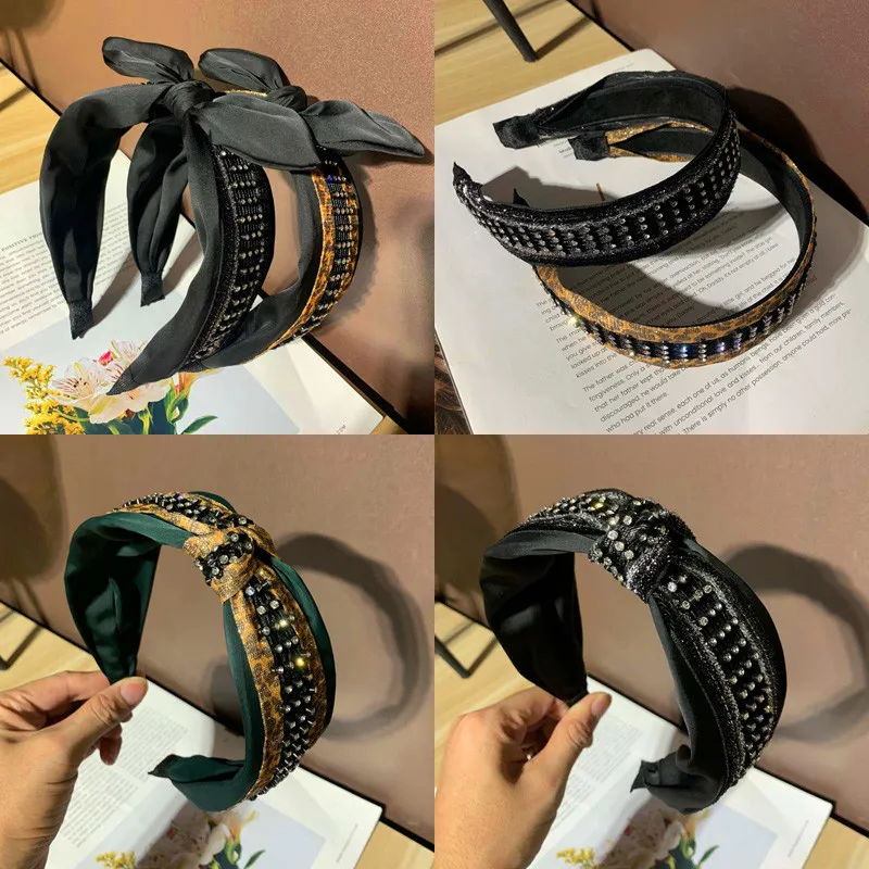 Korean headwear bow headband, fashionable and versatile, wide edge pressed set with drill bit hoop, sweet hair accessory_voghion.com