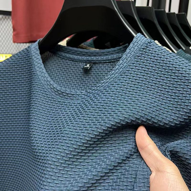Men's Clothing Short Sleeved T Shirt Men's Summer Ice Silk Cool Nylon Elastic Quick Drying Light Luxury Dark Pattern Jacquard T Round Neck T Shirt_voghion.com