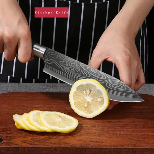 Laser Damascus Pattern Utility Kitchen Knives Scissors Sharpening Rod Set Stainless Steel Sharp Slicing Chef Knife Cooking Tool_voghion.com