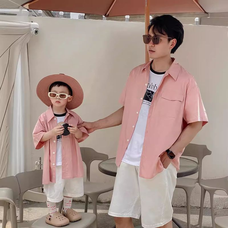 Mother & Kids Parent-child outfit 2024 summer new style family of three short-sleeved dress Korean style fashionable shirt mother and child outfit_voghion.com