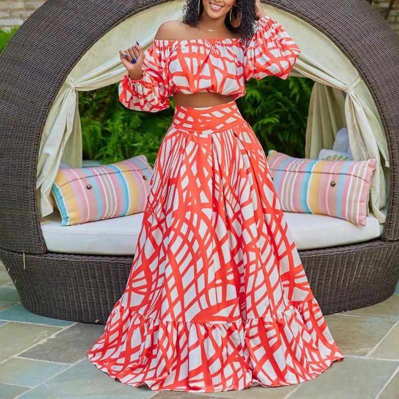Women's fashion lapel five-point sleeve abstract painted large skirt casual suit_voghion.com