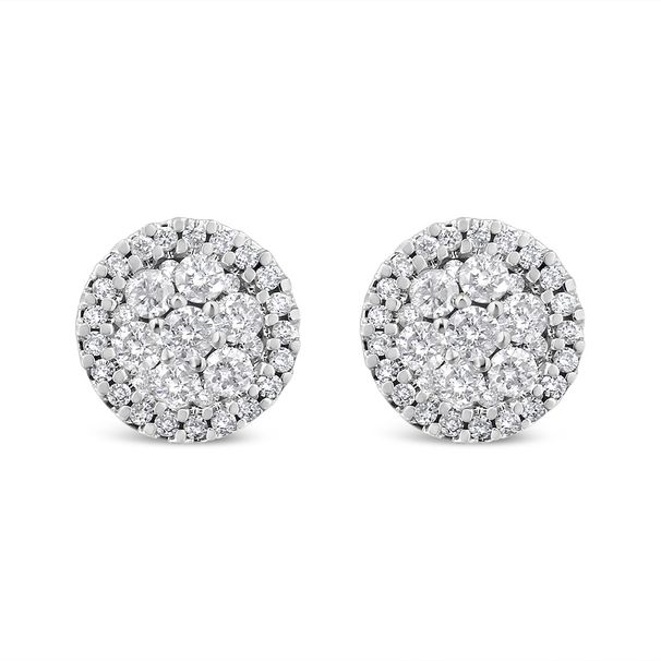 14K White Gold 1.0 Cttw Brilliant-Cut Diamond Halo-Style Cluster Round Button Stud Earrings (H-I Color, I1-I2 Clarity)_voghion.com