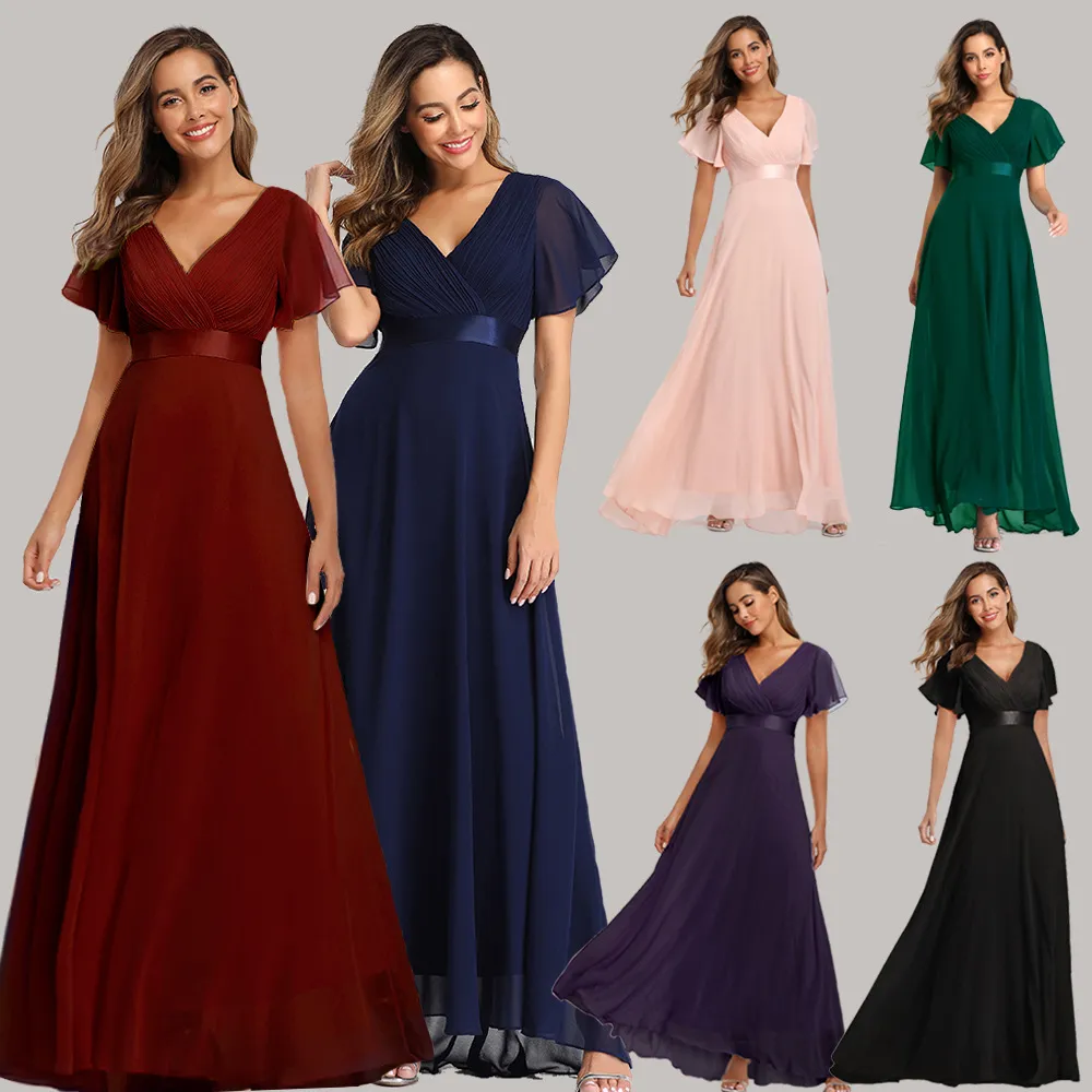 Women's 2023 Spring Summer Hand Folded Double V-neck Flare Sleeve Dress Elastic Chiffon Party Bridesmaid Plus Size Evening Dress_voghion.com