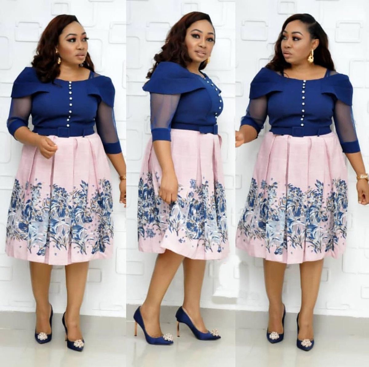 Women's Clothing Printing And Solid Color One Shoulder Lotus Leaf Sleeves Waist Cinching A Line Skirt With Same Color Belt_voghion.com