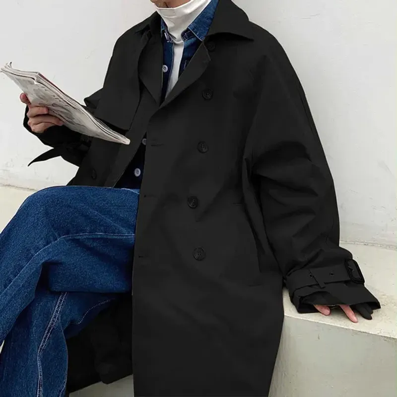 Herrefrakker Koreansk Trench Mode Ensfarvet Afslappet Lang Frakke Herre Overfrakke Løs Efterår Oversize Vindjakke_voghion.com