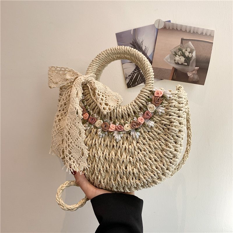 【Forest Style Woven】New Straw Woven Floral Trendy Basket Beach Scarf Bowknot Crossbody Women's Bag_voghion.com