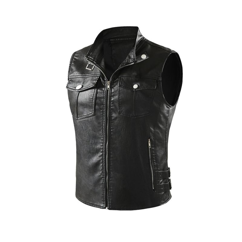 ​​"Vintage Washed PU Leather Vest For Men & Women, Oversized Punk Biker Jacket With Zipper Pockets, Distressed Workwear Style (Black/Tan, S-XXXL)"​​_voghion.com