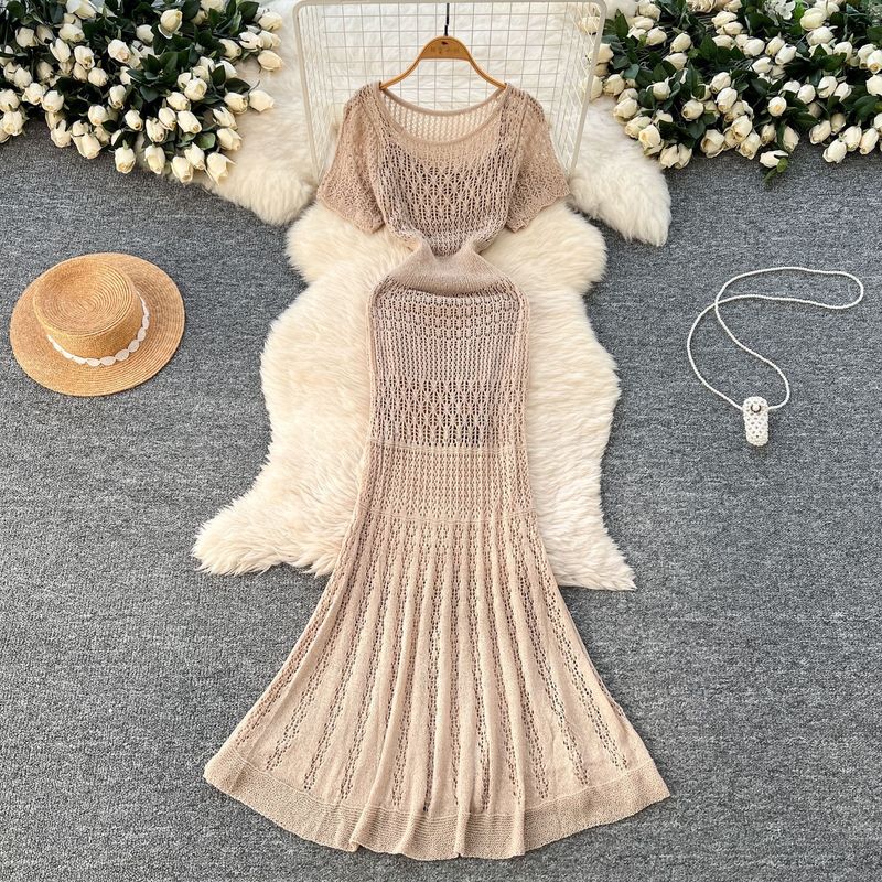 Koreanisches Urlaubsoutfit für Damen, sanfter Stil, hohle Häkelarbeit, kurzärmeliges Strickkleid außen + Unterkleid_voghion.com