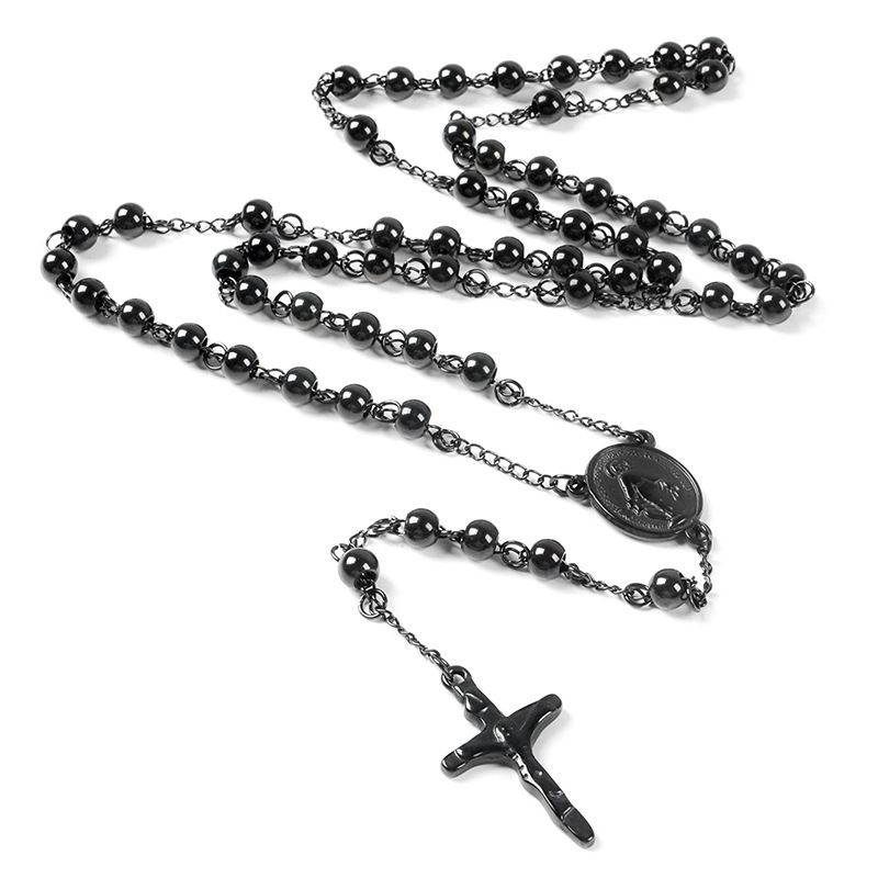 Religieuze vintage mode hiphop punk heren- en damesketting 6 mm Jezus ketting zwarte rozenkrans roestvrijstalen ketting_voghion.com