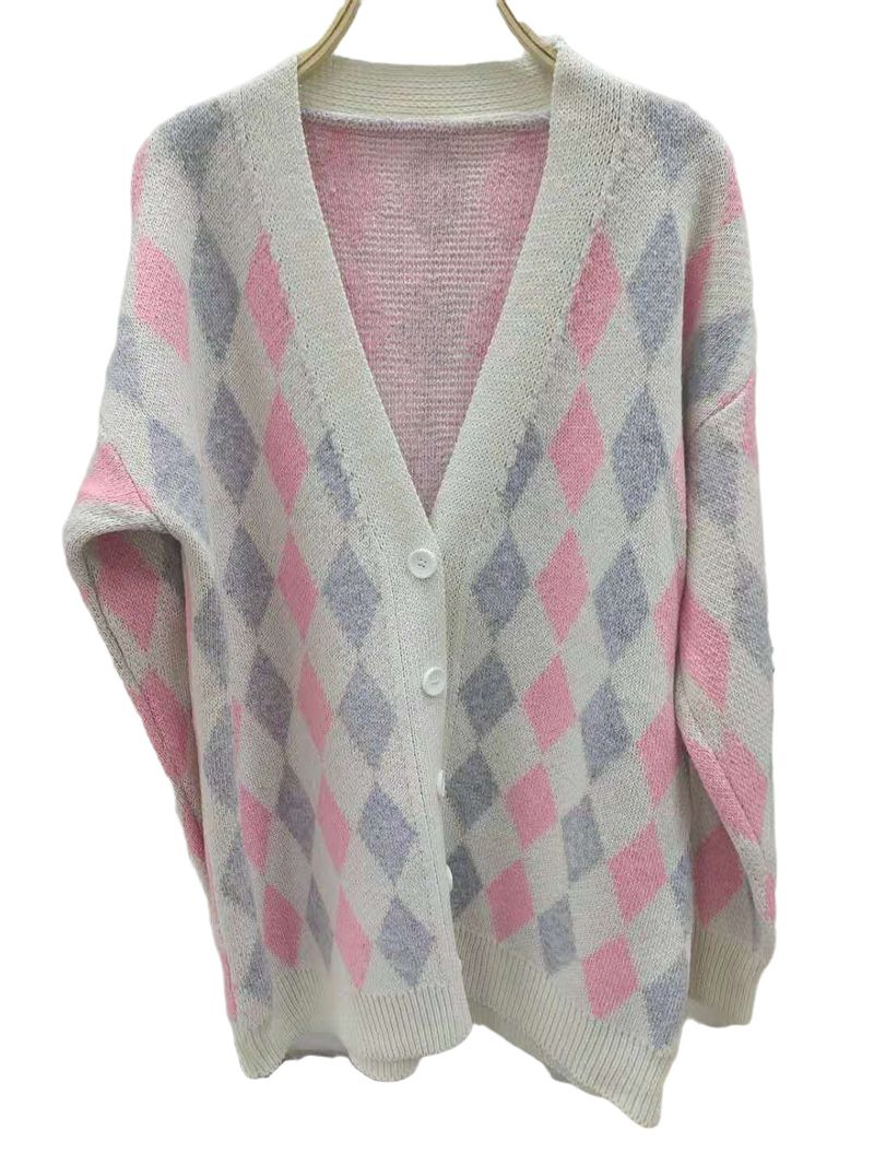 New autumn and winter fashion diamond shaped geometric loose medium long knitted cardigan jacket sweater for women_voghion.com