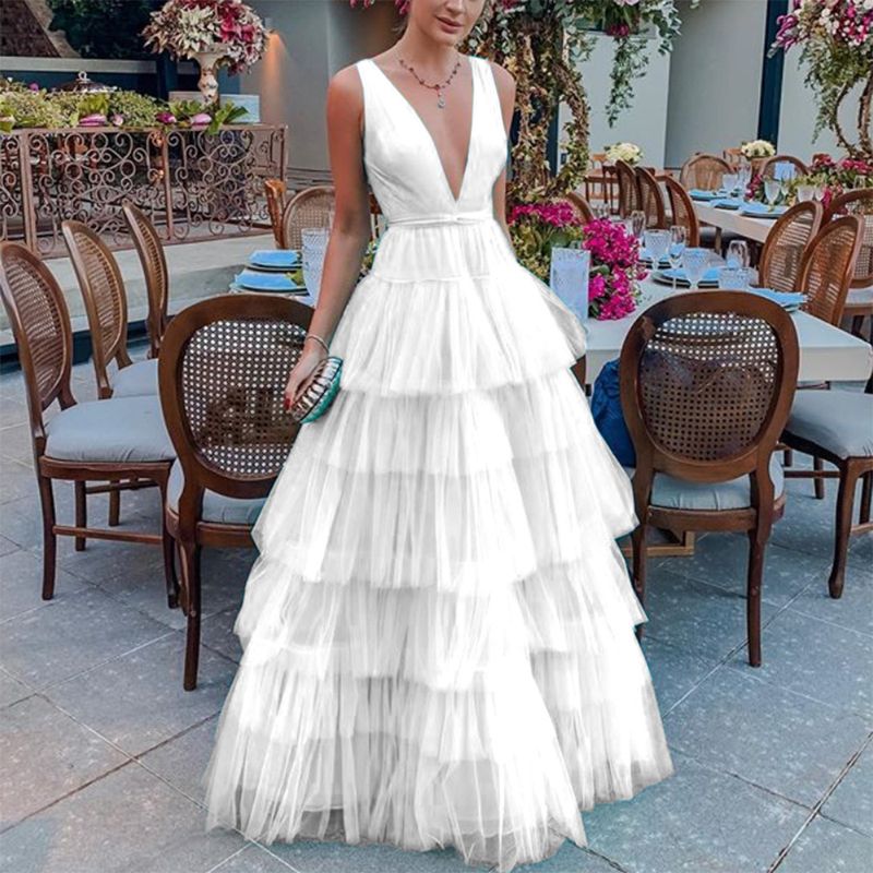 Damenkleid Mesh Kuchenrock Hosenträger V-Ausschnitt Abendkleid_voghion.com