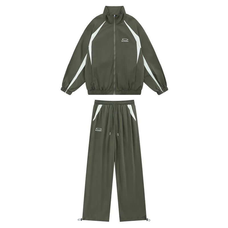 Abbigliamento Uomo Tuta Sportiva Primavera e Autunno Colore Contrasto Giacca Collo Alto Casual Dritto Pantaloni con Coulisse_voghion.com