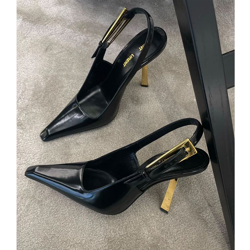 High heels 2024 new spring and autumn small square toe shallow mouth strap single shoes patent leather black sexy royal sister women's shoes_voghion.com