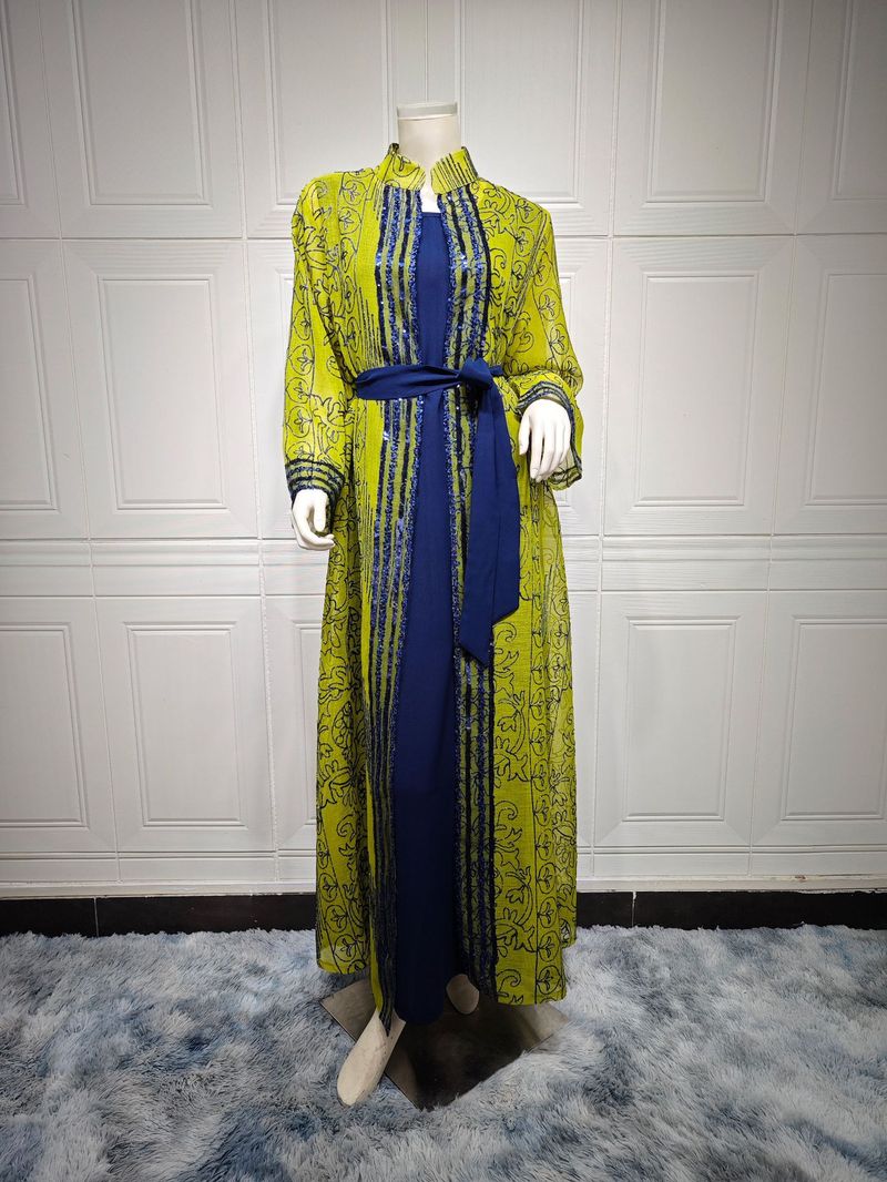 Damenbekleidung, Naher Osten, muslimische Robe, zweiteiliges Set mit Gürtel, Dubai-Kleid, elegante Strickjacke, langer Rock_voghion.com