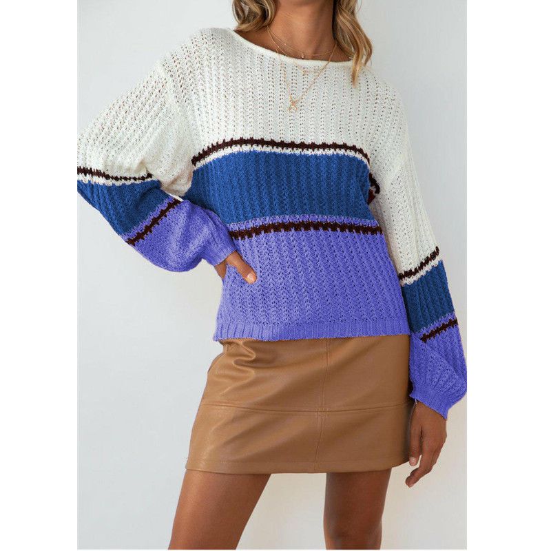 Pull décontracté à manches longues pour femmes, col rond, ajouré, ample, épissage de couleurs_voghion.com